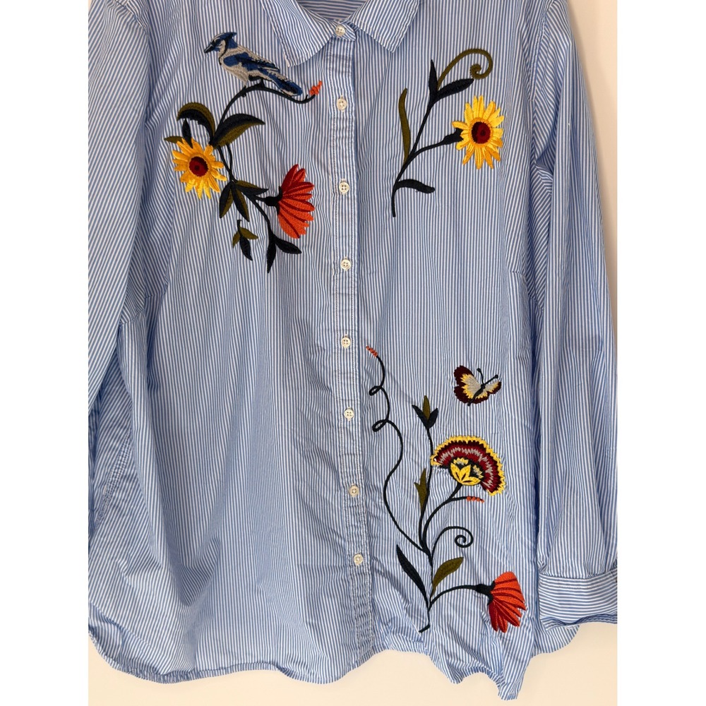 Talbots Woman Striped Button Down Blouse Shirt Floral Embroidered Blue White 3X - Picture 2 of 13